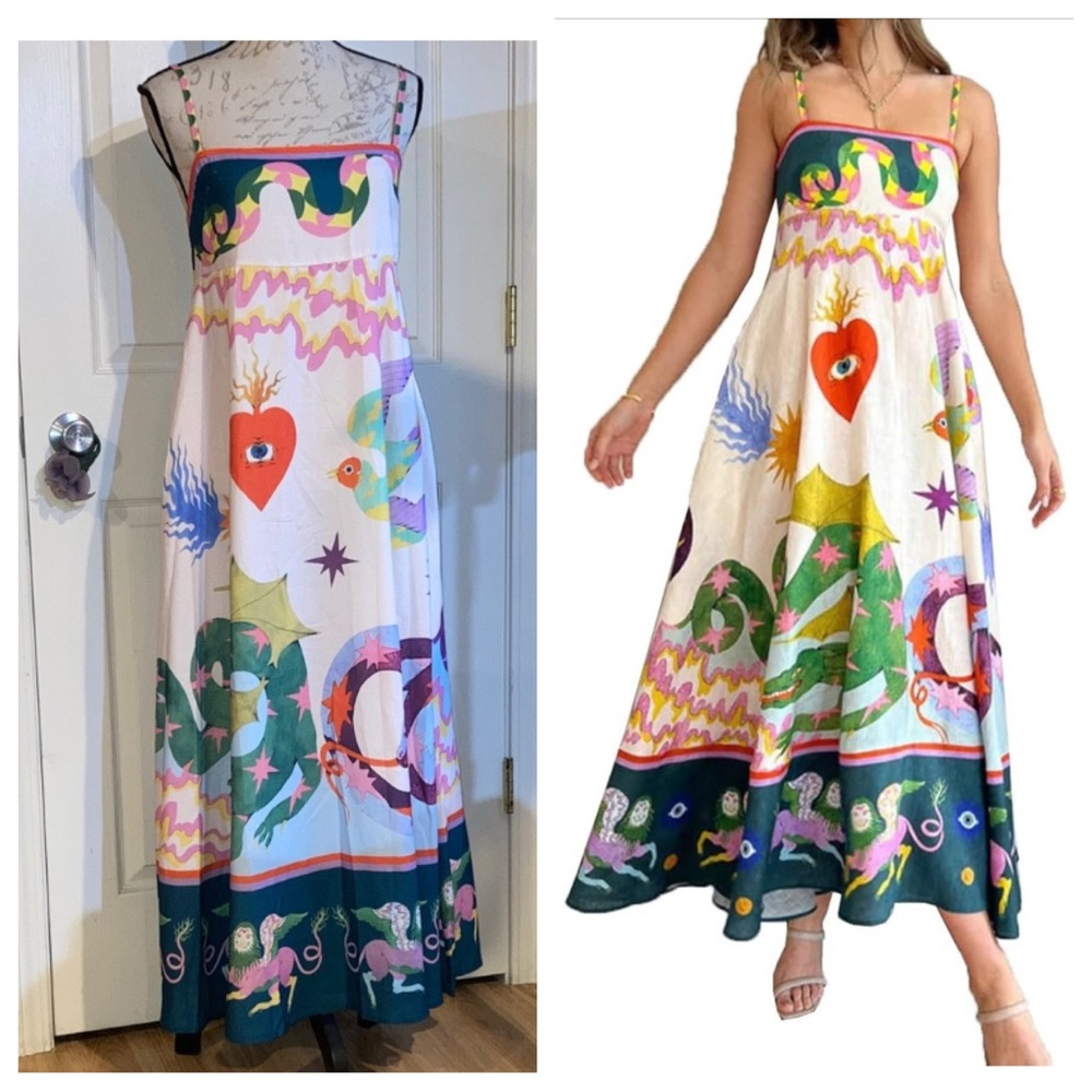Pop Art Vibrant Multicolor Graphic Skinny Spaghetti Strap Maxi Summer Dress sz L